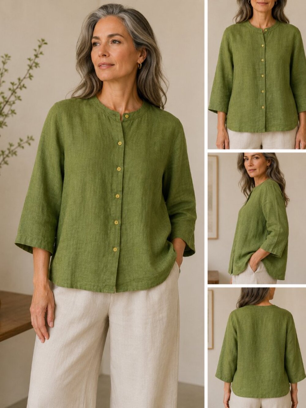 Eileen Fisher XL 100% Irish Linen Green Button Front Jacket Top - Picture 7 of 7